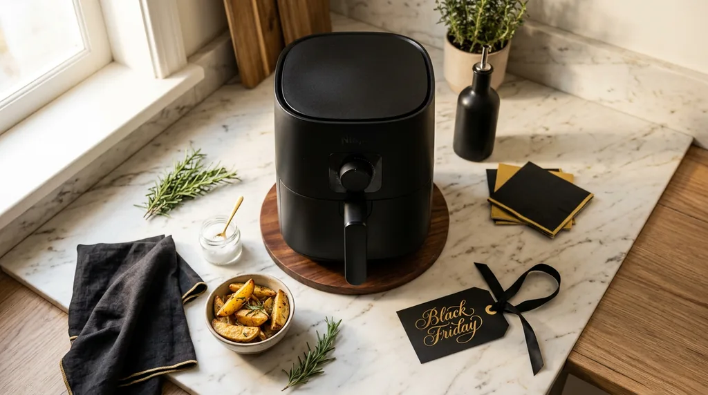 A Ninja dual-zone air fryer on a UK kitchen worktop with Black Friday sale styling
