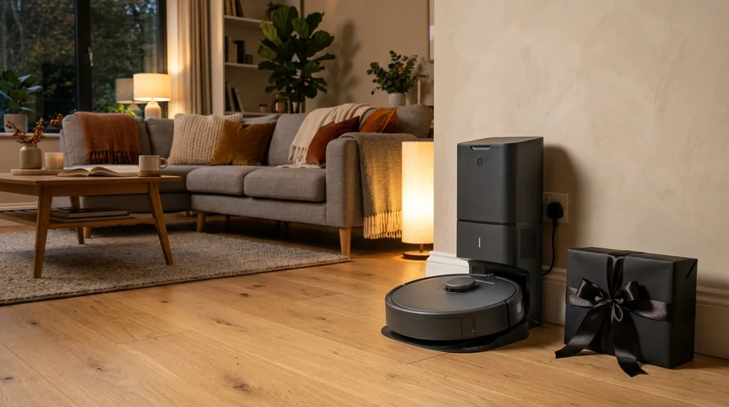 A Shark robot vacuum on a light wood floor in a UK living room with Black Friday sale styling